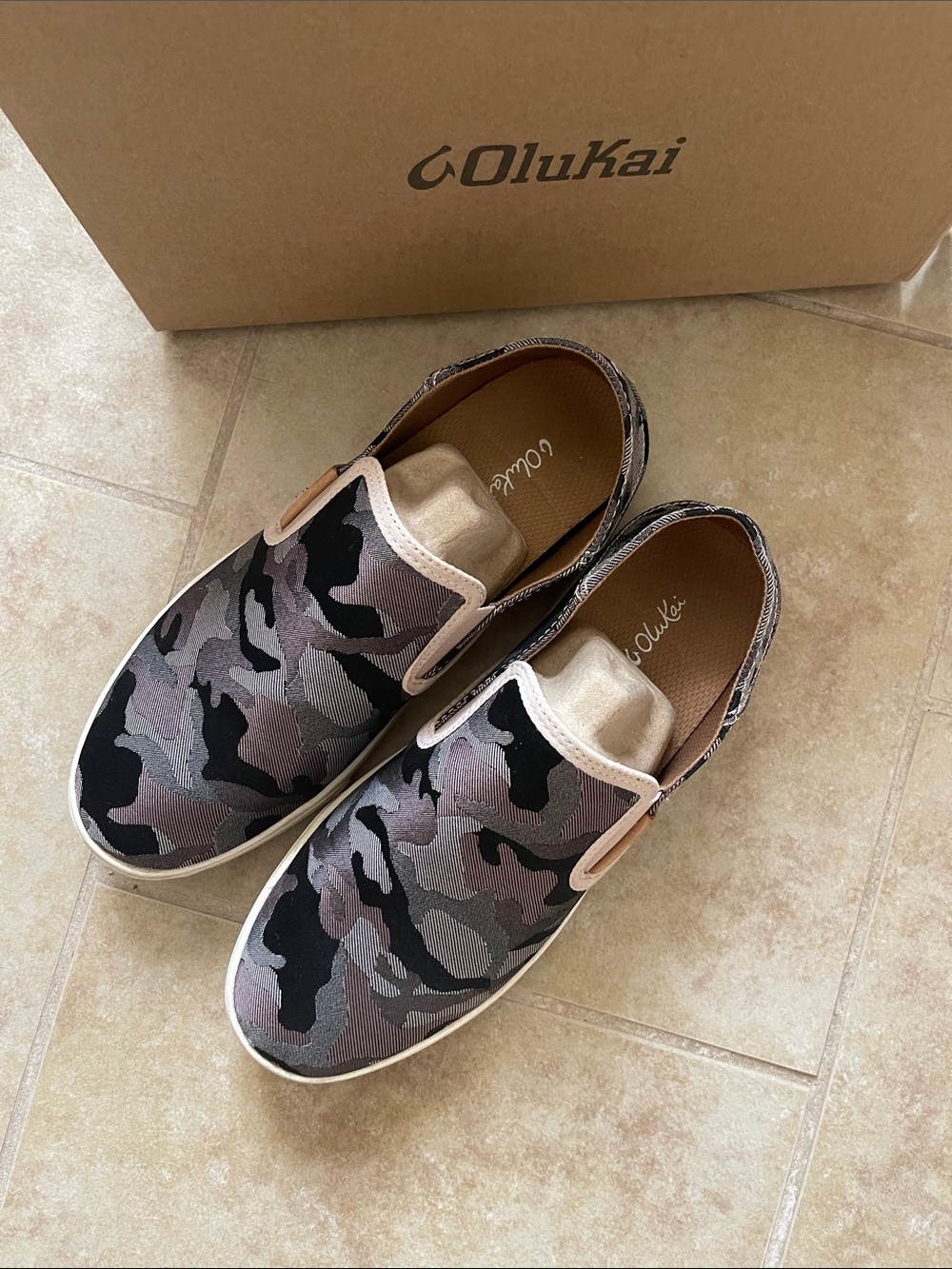 OluKai Women’s Camo Slip-On Sneakers in Black, Gray and Tan - Picture 2 of 5